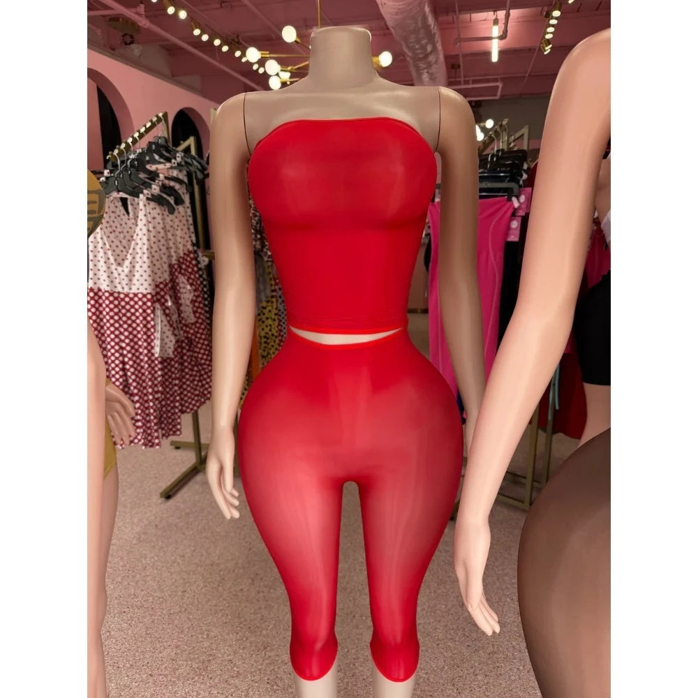 FLARORA Sexy Mesh See Through 2 Piece Sets Woman Strapless Sleeveless Crop Tops And Skinny Capri Pants Midnight Party Club Suits