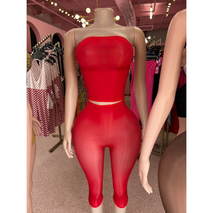 FLARORA Sexy Mesh See Through 2 Piece Sets Woman Strapless Sleeveless Crop Tops And Skinny Capri Pants Midnight Party Club Suits