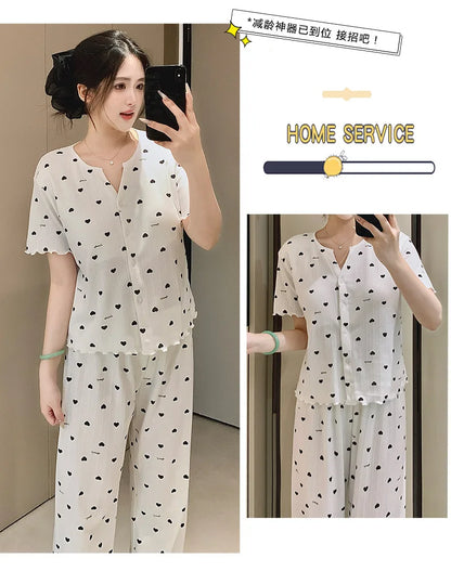 Cotton Fabric Floral Cardigan Printed Pajamas for Women Short-Sleeved Top and Long Pants Sleepwear Homewear Set Ladies Nightwear
