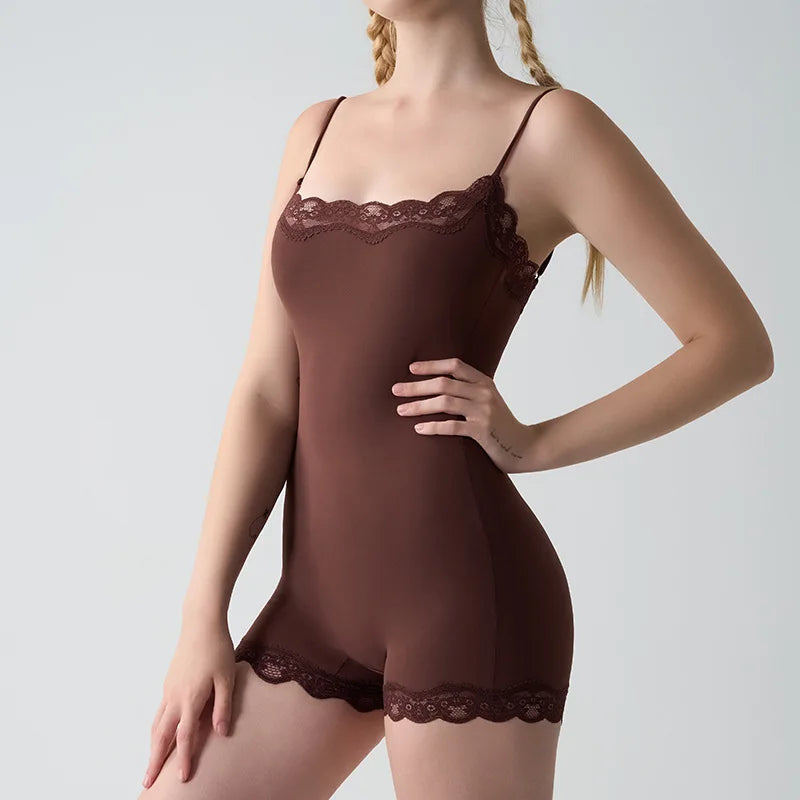 New Women's Sexy Square Neck Lace Panel Bodysuit Sleeveless Spaghetti Strap Jumpsuit Solid Color Slim Bodycon Rompers Tank Tops