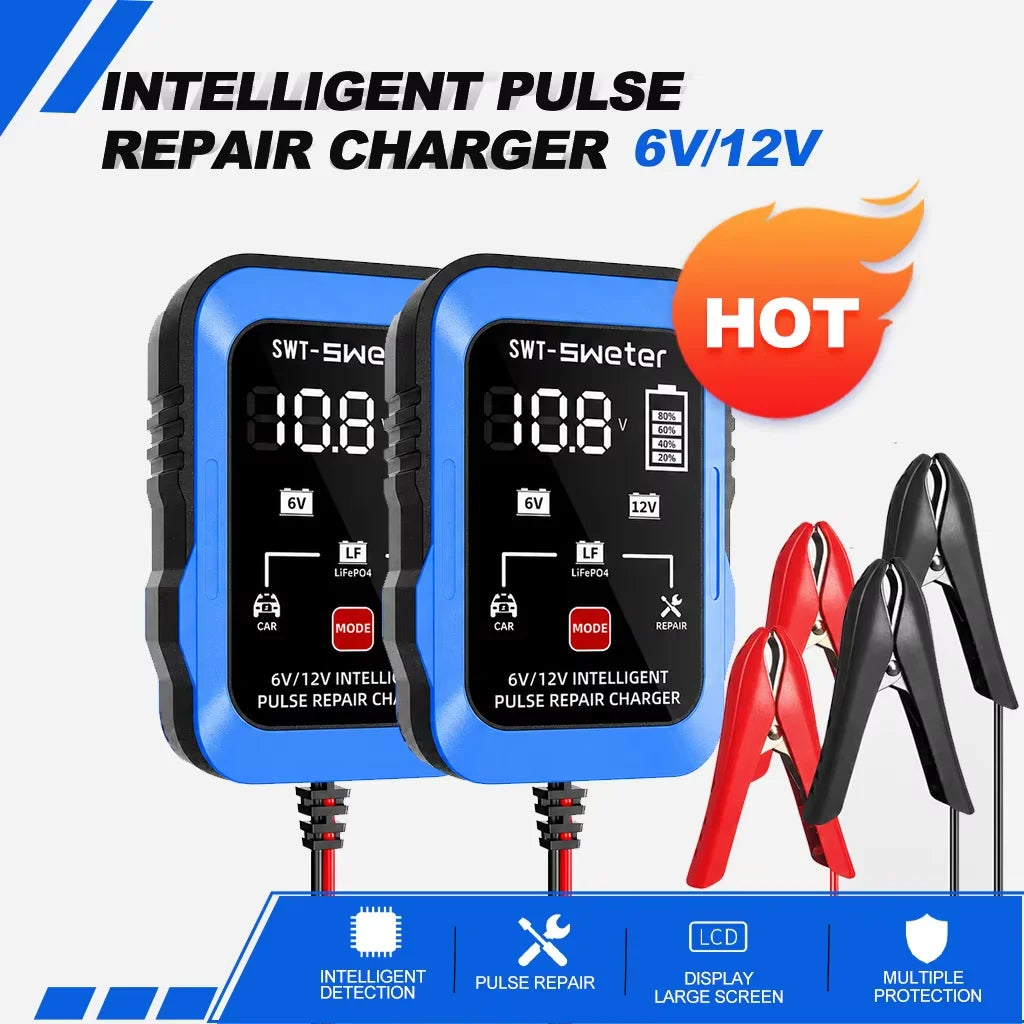 ZNLYRION 2Pcs /pair 6V 12V Smart Car Battery Charger 1.5A Pulse Repair Charger for Lead Acid LiFePO4 Battery Digital Display Auto Motorcycle Battery Maintainer with Alligator Clips Ring Terminal Cables