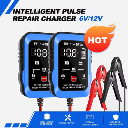 ZNLYRION 2Pcs /pair 6V 12V Smart Car Battery Charger 1.5A Pulse Repair Charger for Lead Acid LiFePO4 Battery Digital Display Auto Motorcycle Battery Maintainer with Alligator Clips Ring Terminal Cables
