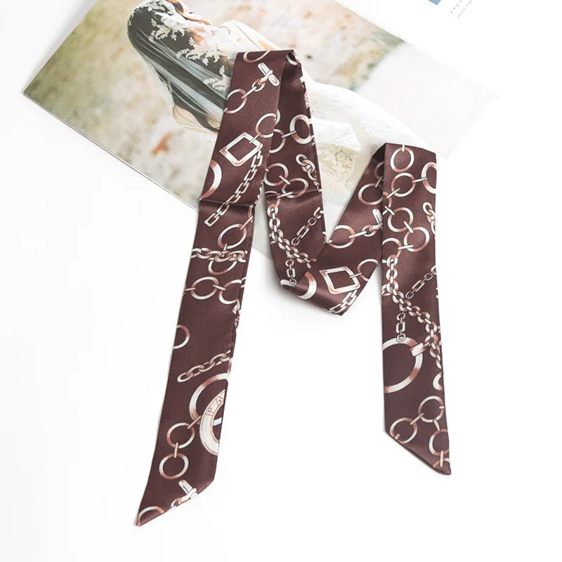 Women Print Flower Small Scarf Handle Bag Ribbons Fashion Head Scarf Small Long Skinny Scarves Headbands Tie Accessories