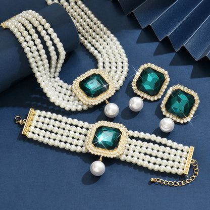 Women's Fashion Light Luxury Short Style Imitation Pearl Rhinestone Necklace Earrings Bracelet Jewelry Set Party Festival Gift