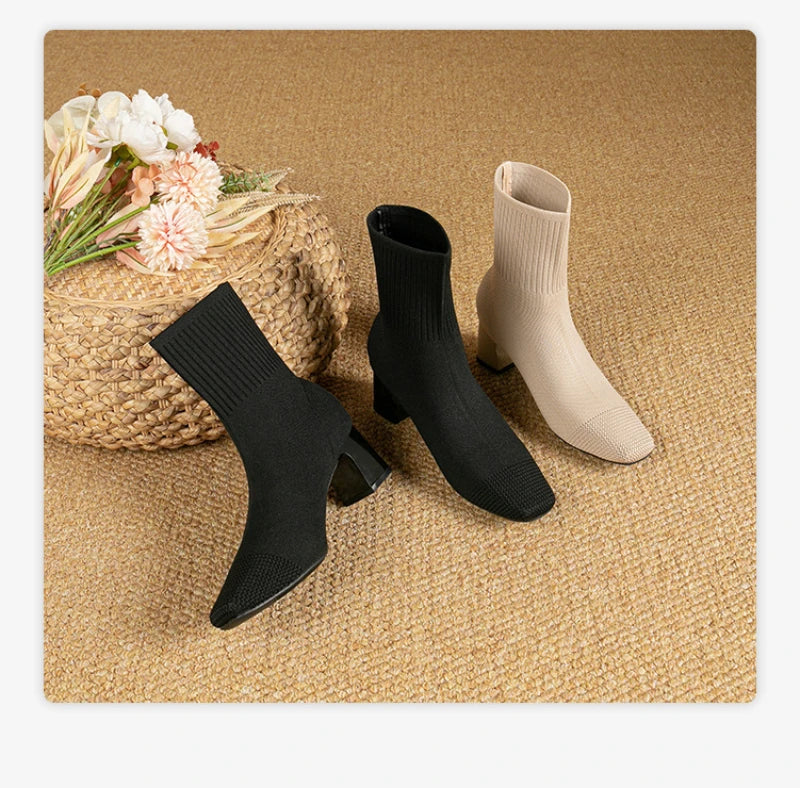 Black Square Toe Knit Sock Boots Elastic Slim Thick Block Heel High Heels Short Boots Fashion Autumn Casual Skinny Ankle Boots