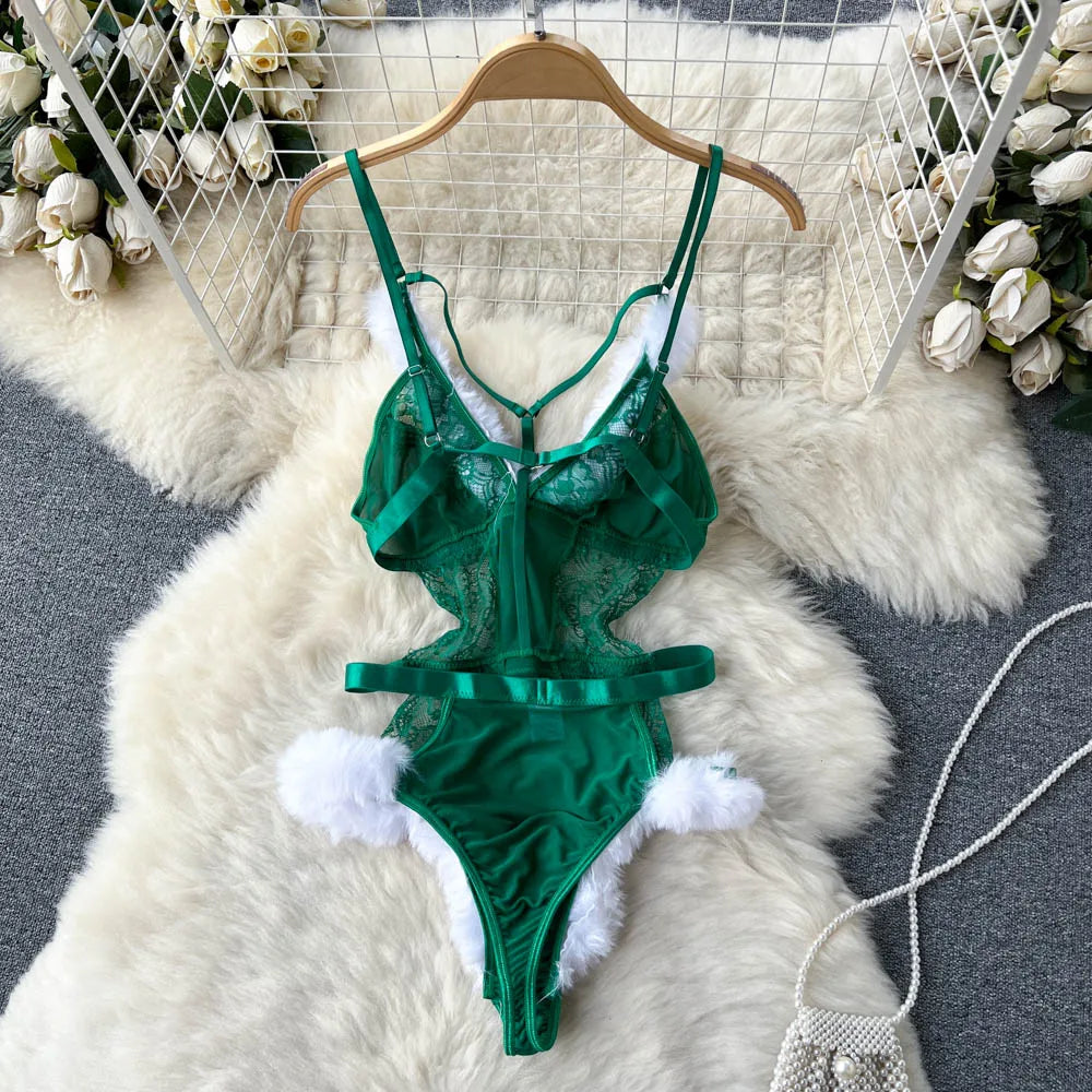 Coquette Lace Lingerie Set Sexy Mesh Bodysuit Valentines Day Sleepwear Gothic Strappy Catsuit Intimate Nightwear Romper