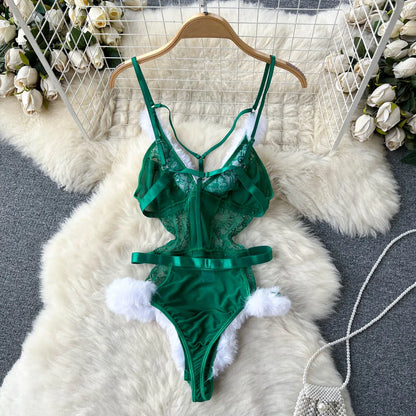 Coquette Lace Lingerie Set Sexy Mesh Bodysuit Valentines Day Sleepwear Gothic Strappy Catsuit Intimate Nightwear Romper