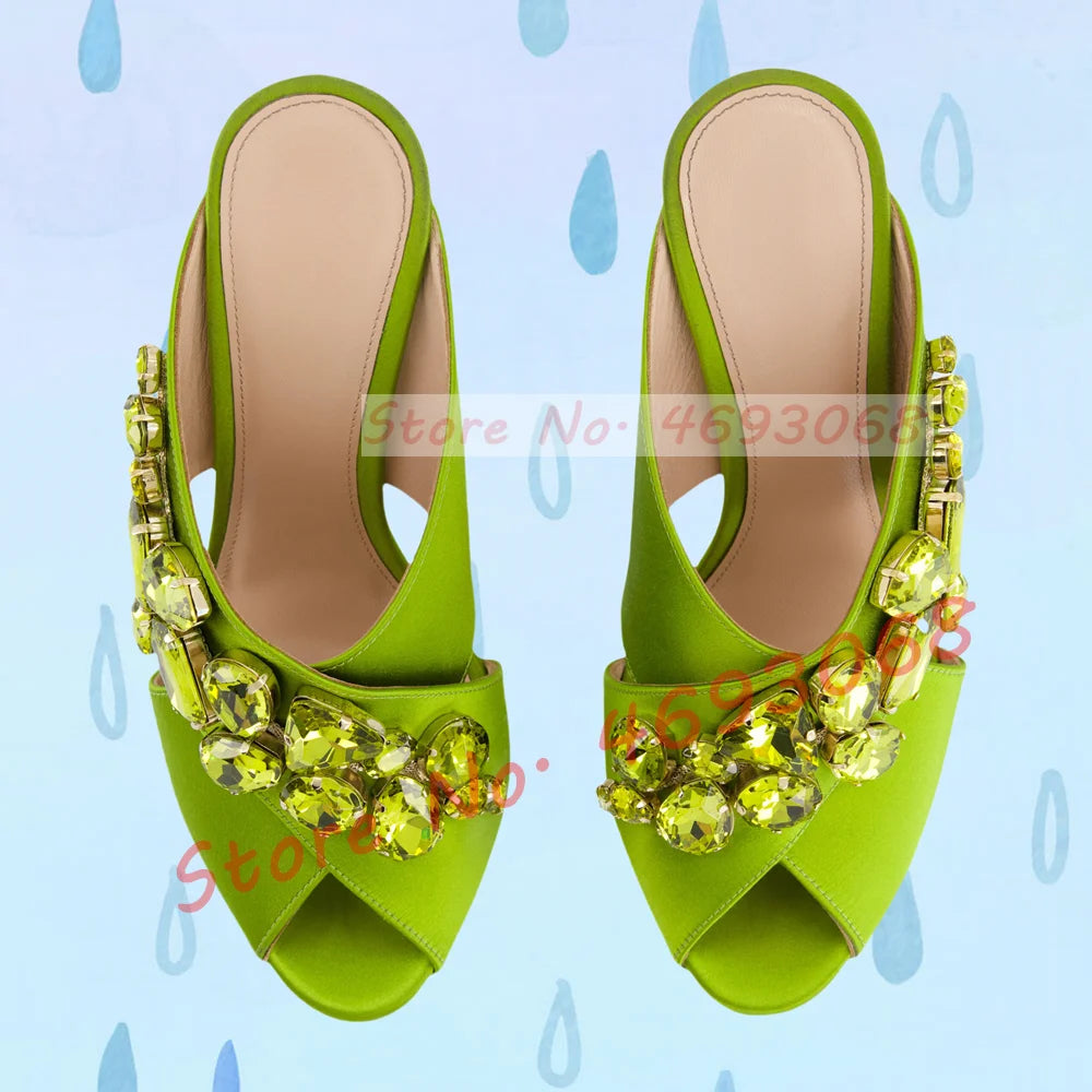 Gems Silk Chunky High Heels Slippers Women Luxury Cross Strap Rhinestone Mules Ladies Stylish Summer Bling Open Toe Party Shoes