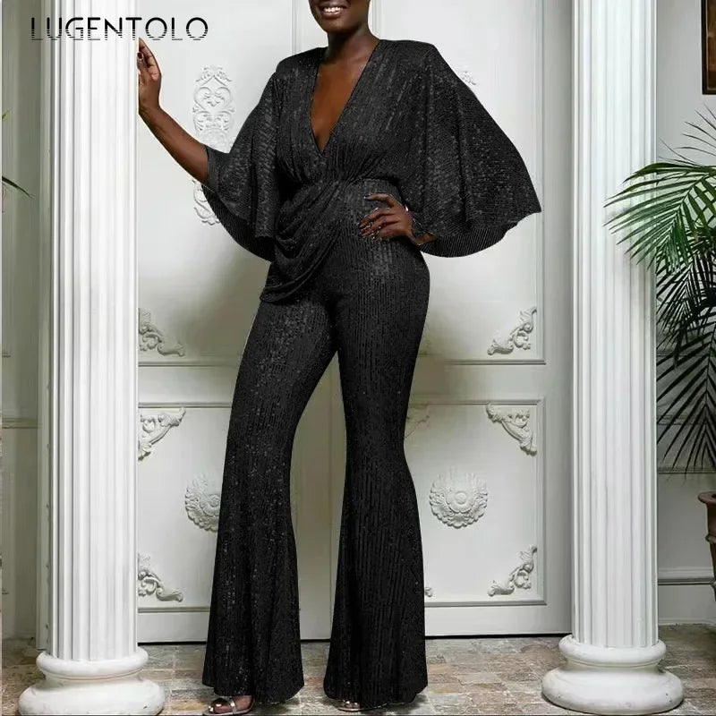 Women's Sequin Jumpsuit Sexy Deep V Backless Lady Elegant Fashion Half Sleeve Wide-leg Trousers New Party Jumpsuits