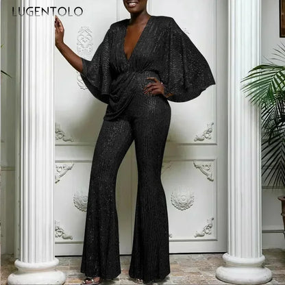 Women's Sequin Jumpsuit Sexy Deep V Backless Lady Elegant Fashion Half Sleeve Wide-leg Trousers New Party Jumpsuits