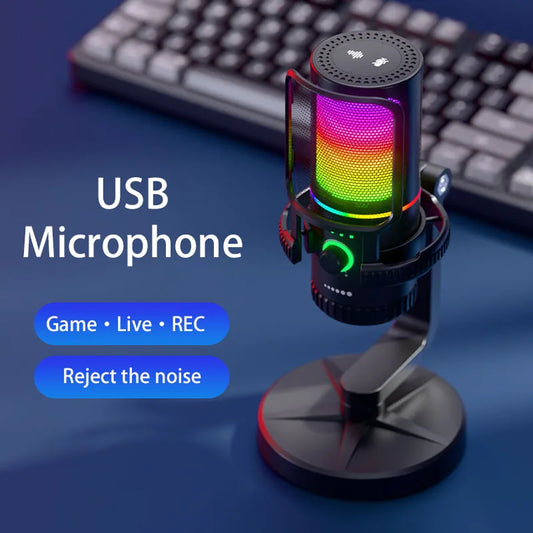 RGB USB Condenser Microphone, Gaming Mic with Shock Mount & Pop Filter, Noise Reduction, Volume Adjustment, Plug and Play, for PC Laptop Streaming Podcast Recording Game Live Broadcast