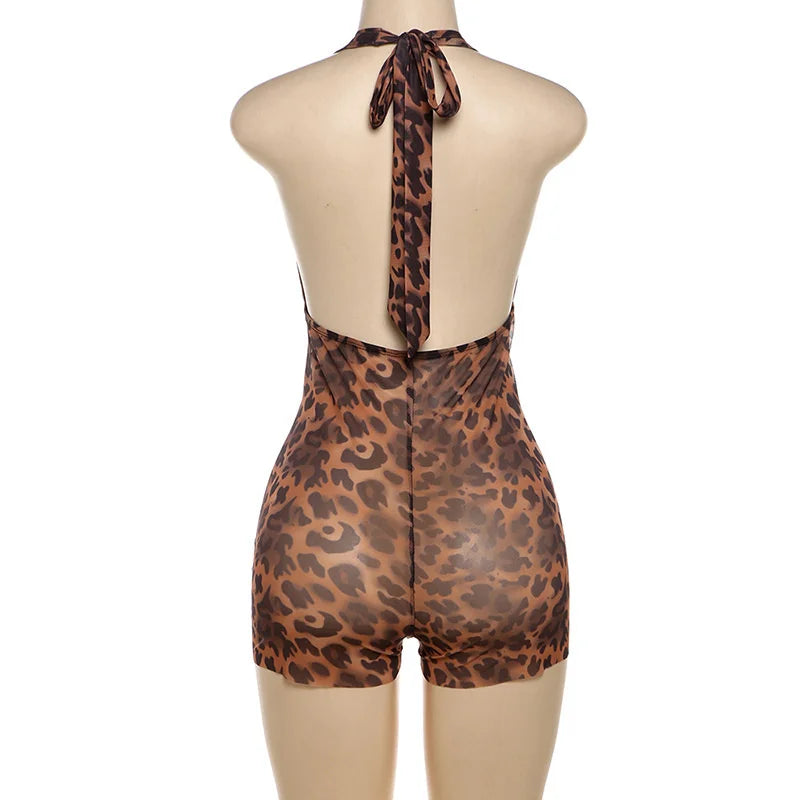 Sexy Women 2024 One-pieces Print Outfits Backless Jumpsuits Brown Bodycon Sleeveless Romper Playsuits Jumpsuits