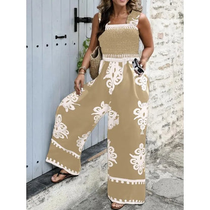 Plus Size Women's Chic Graphic Printing Sleeveless Square Neck Full Length Wide Leg Vacation Jumpsuits For Women