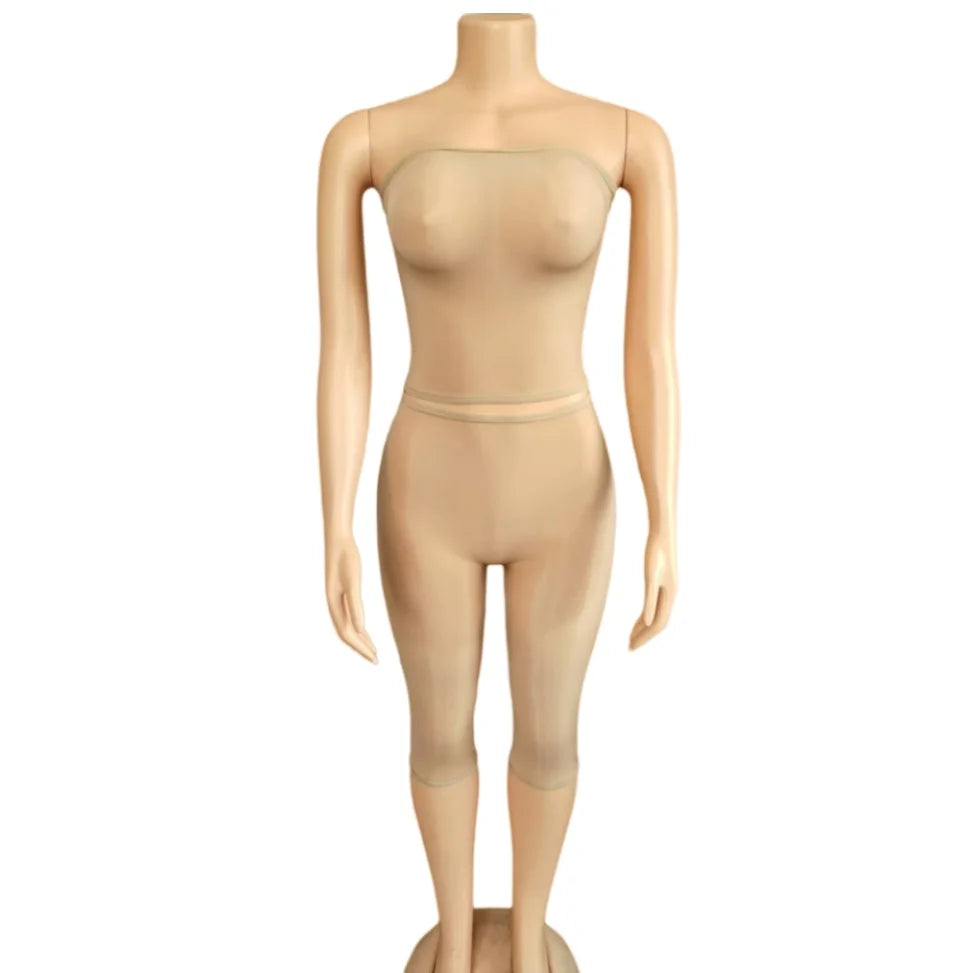 FLARORA Sexy Mesh See Through 2 Piece Sets Woman Strapless Sleeveless Crop Tops And Skinny Capri Pants Midnight Party Club Suits