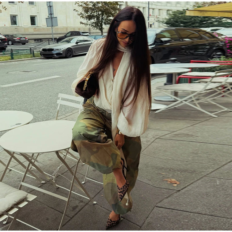 Women Camouflage Cargo Long Pants High Waist Wide Leg Drawstring Hem Baggy Trousers 2026 Autumn Casual Chic Vintage Streetwear