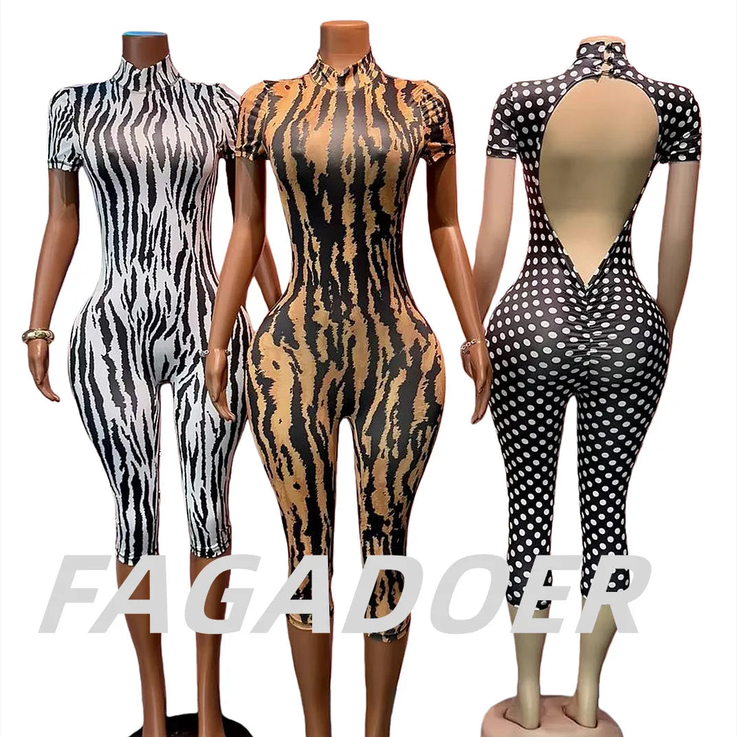 FAGADOER Fashion Zebra Pattern Bodycon Rompers Summer Sexy High Neck Back Hollow Out Jumpsuits Streetwear Party Club Playsuits