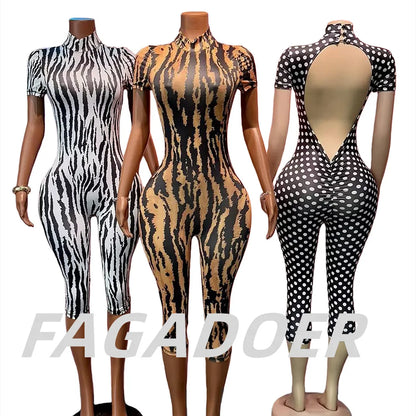 FAGADOER Fashion Zebra Pattern Bodycon Rompers Summer Sexy High Neck Back Hollow Out Jumpsuits Streetwear Party Club Playsuits