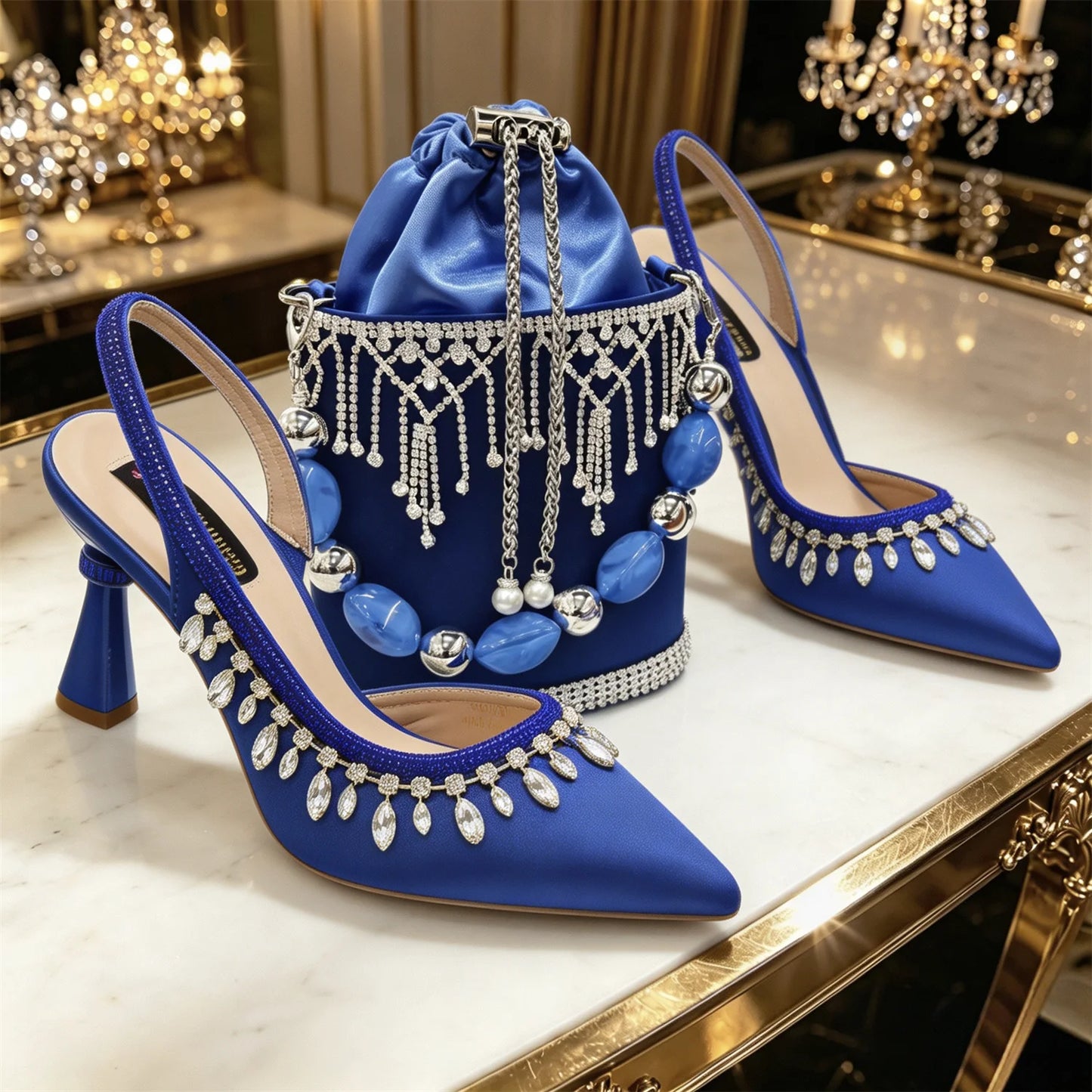 Royal Blue Bridal Shoe & Bag Set Sparkling Rhinestone Pointed Toe High Heels Slingback Pumps for Wedding Guest Prom Party