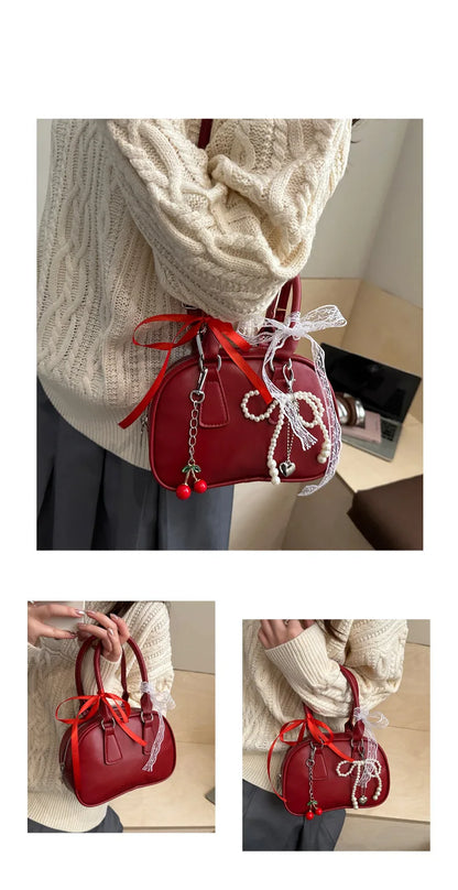 Vintage Leopard Pu Shoulder Bags for Women Portable Trendy Ladies Crossbody Bag Lace Pearl Pendant Female Bowling Handbags