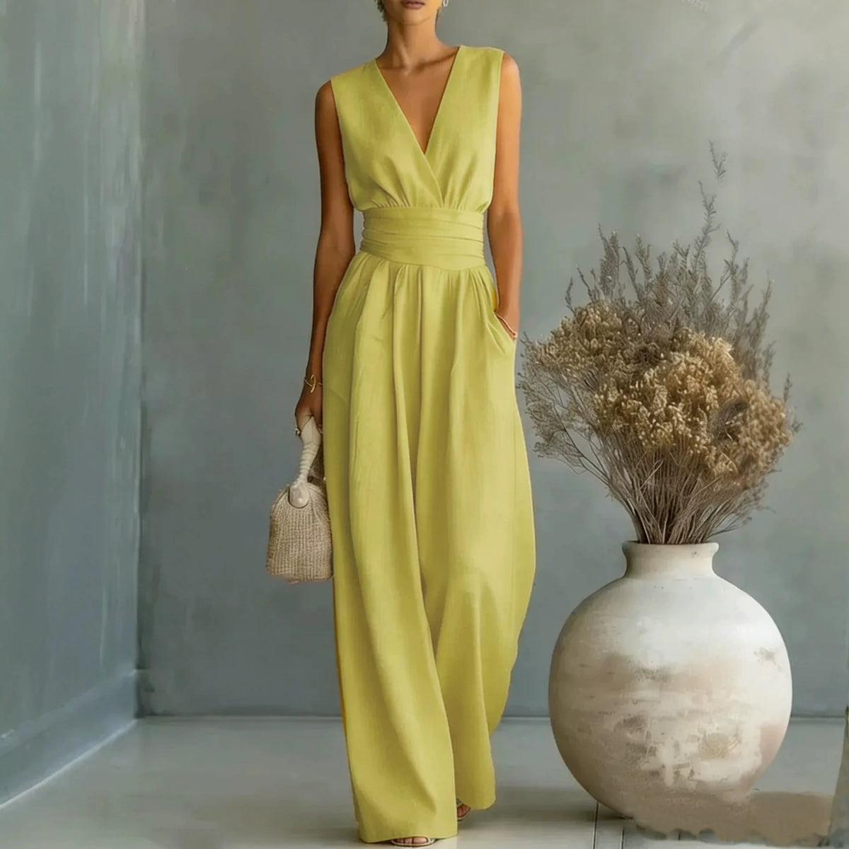 2026  V Neck Women's Jumpsuits Elegant Solid High Waist Rompers Casual Wide Leg Pants Pocket Overalls Vacation Outfit Loose