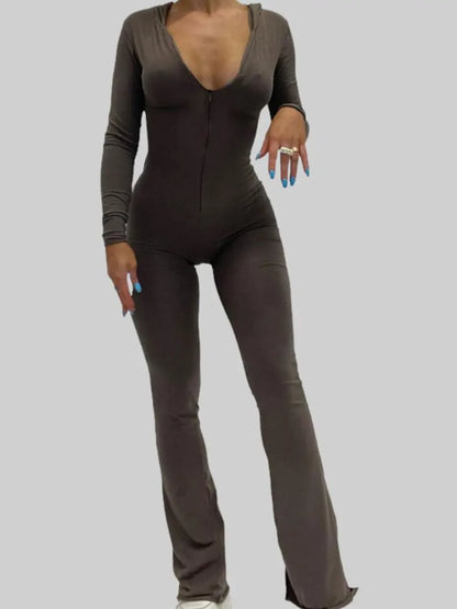 Women's Zip Up Hooded Jumpsuit New Streetwear Flare Rompers Solid Color Skinny Long Sleeve Jumpsuits Luxury Clothes Women Hot