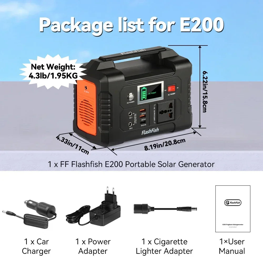 For E200 Portable Power Station Battery Supply Solar Charge Solar Generator AC DC Outdoor Camera Drone Power 200W 151WH