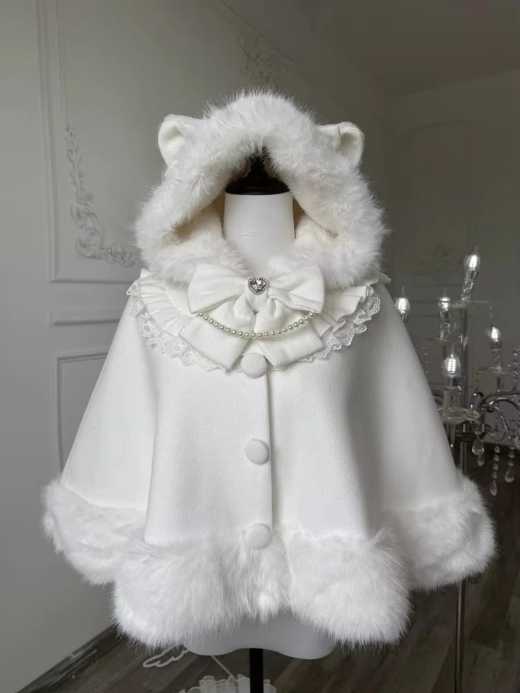 Winter  New Lolita Shawl Overcoat Women Design Bow Hooded Patchwork Kawaii Cope Coat Female Warm Chic Sweet Fur Collar Coat