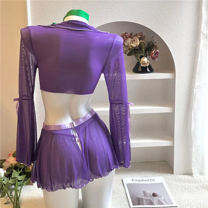 Women Halloween Daphne Sheer Mesh 4 Piece Outfit Front Tie Crop Top Flare Sleeve Mini Skirt Briefs Scarf Party Cosplay Costumes