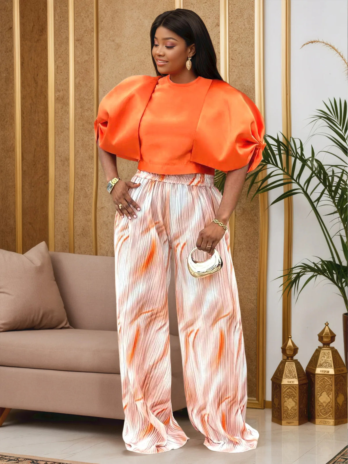 Plus-size Fashion Women's Outfit: Orange Puff-sleeve Short Top + Gradient Striped High-waisted Wide-leg Drapey Long Pants Set