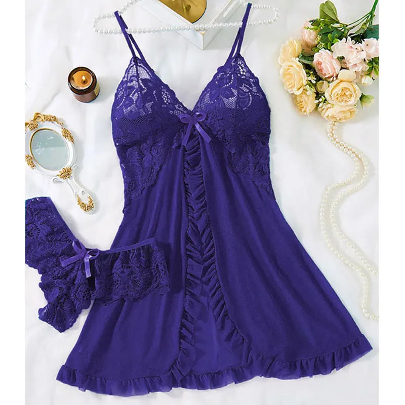 Summer Hot Sexy Sleepwear Dress Sleeveless Backless Women Lace Sheer Nightdress Solid Color Soft Pajamas Short V-neck Thong Set