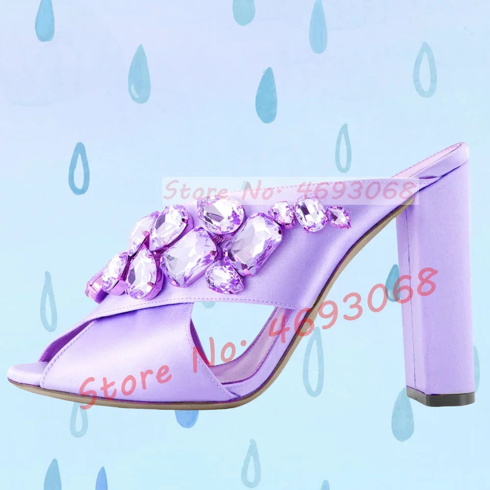 Gems Silk Chunky High Heels Slippers Women Luxury Cross Strap Rhinestone Mules Ladies Stylish Summer Bling Open Toe Party Shoes