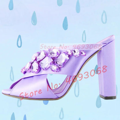 Gems Silk Chunky High Heels Slippers Women Luxury Cross Strap Rhinestone Mules Ladies Stylish Summer Bling Open Toe Party Shoes