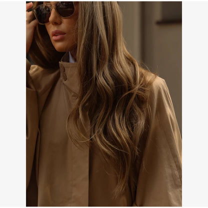 Women's Brown Stand Up Collar Long Long Trench Coat  Lantern Sleeve Side Slit Loose Windbreaker 2026 Spring Autumn Fashion Coat