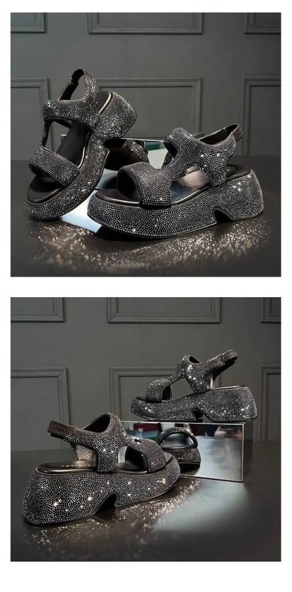 Fashion Luxury Rhinestone Women Sandals Summer New Sheepskin Elastic Band Thick-soled Open-toed Roman Flat Sandals