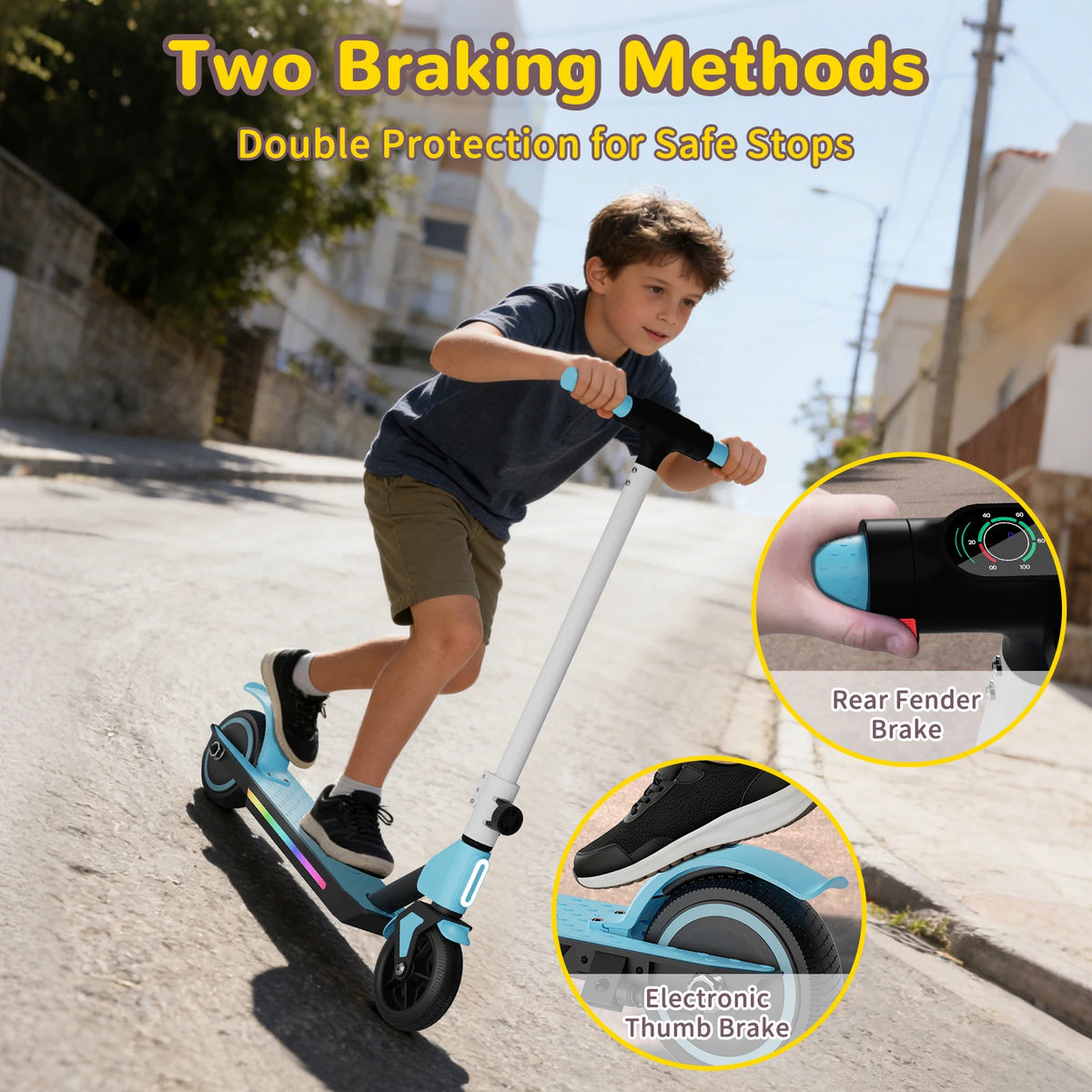 Electric Scooter for Kids Age 6-14, 130W Motor, Kick-Start Boost Scooter 8.7 Mph Speed, Foldable, Deck Lights & Dual Braking System