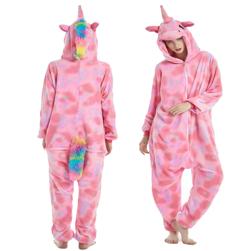 Adults Animal Cosplay Pajamas Flannel Onesies Costume Jumpsuit Pajamas Hooded Sleepwear Halloween One Piece for Performing
