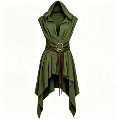 Cosplay Costume Women Irregular Hem Renaissance Elf Tunic Robe Medieval Ranger Hooded Sleeveless Cloak Belt Witch Hunter Show