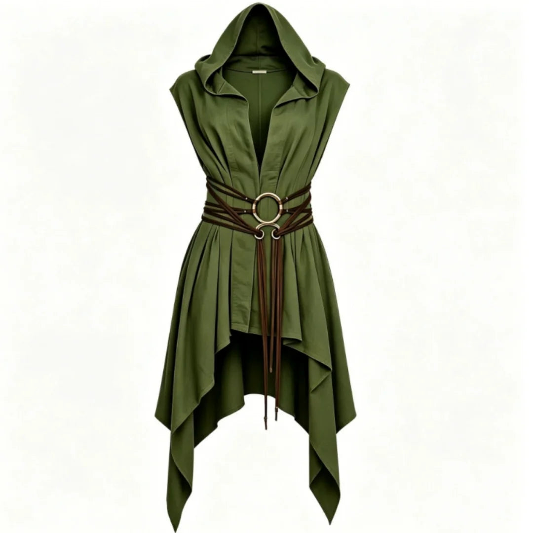 Cosplay Costume Women Irregular Hem Renaissance Elf Tunic Robe Medieval Ranger Hooded Sleeveless Cloak Belt Witch Hunter Show