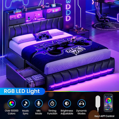 Platform Bed with Storage, Gaming Features and Charging Station, Leather Upholstered, Without Box Spring, Black
