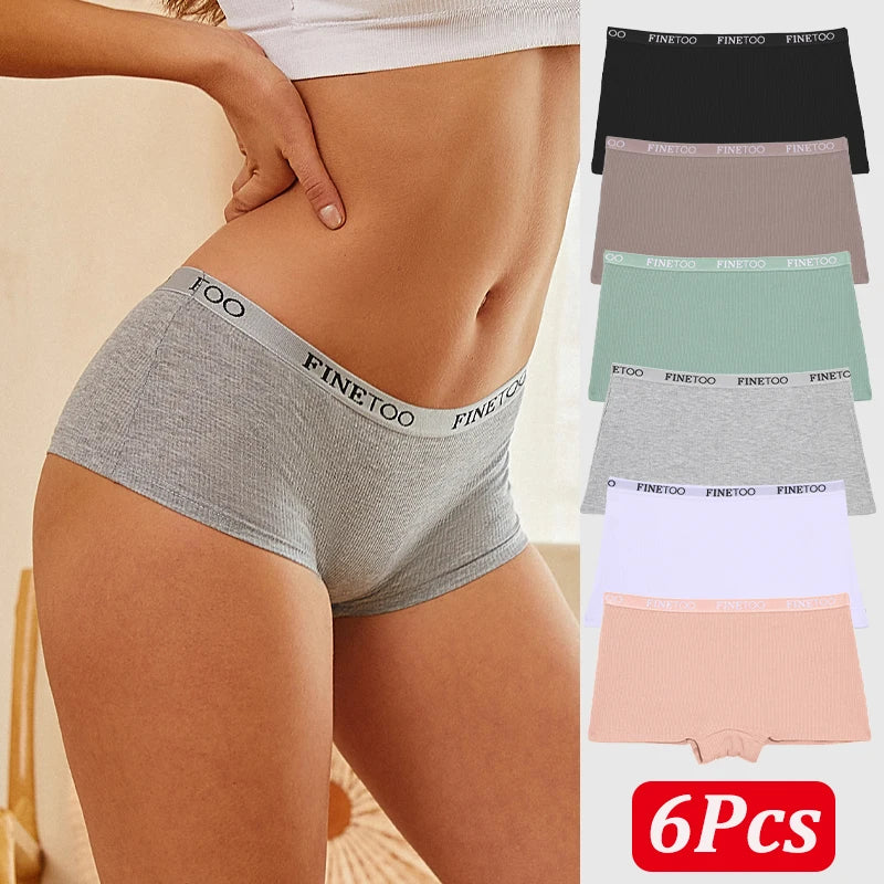 FINETOO 6PCS/Set Women Cotton Panties Female Boxer Boyshort Low Waist Letter Logo Sport Underwear Ladies Pants Intimate Lingerie