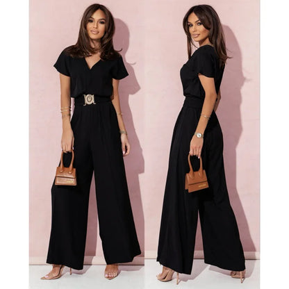 Jumpsuits women 2026 rompers new summer solid color short-sleeved V-neck wide-leg jumpsuits women's clothing