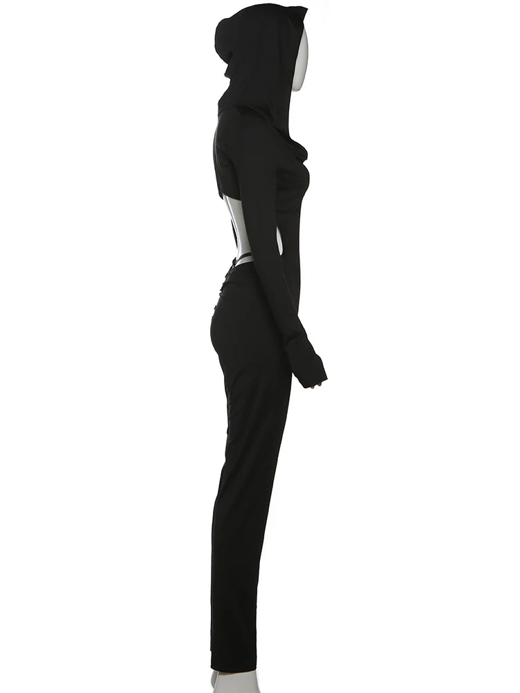 Nibber Backless Hooded Jumpsuits Women Long Sleeve Peach Buttock Slit Solid Skinny Elasticity Autumn Trend Sexy Street Outfits