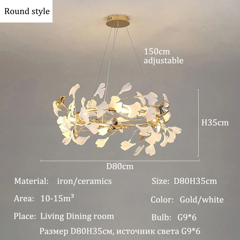 Modern Ceramics Chandeliers Home Ginkgo Biloba Decoration Villa Living Room Lighting Pendant Lamps Indoor Hanging Lights Fixture