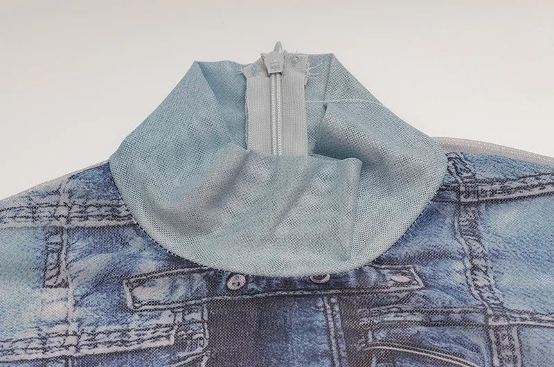 Sexy Denim Print Mesh Jumpsuit Women Chic Sheer Body Silhouette Rompers Elegant Long Sleeve Party Festival Clubwear Outfits 2026