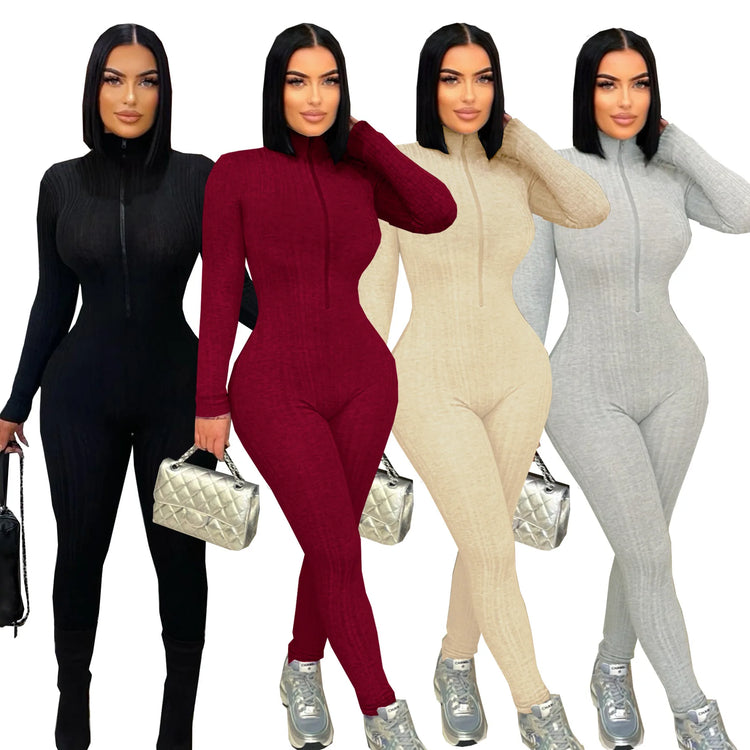 Nibber Activity Jumpsuits Women Turtleneck Zip Long Sleeve Stretch Skinny Streetwear Classic Fitness Workout Sporty Overalls