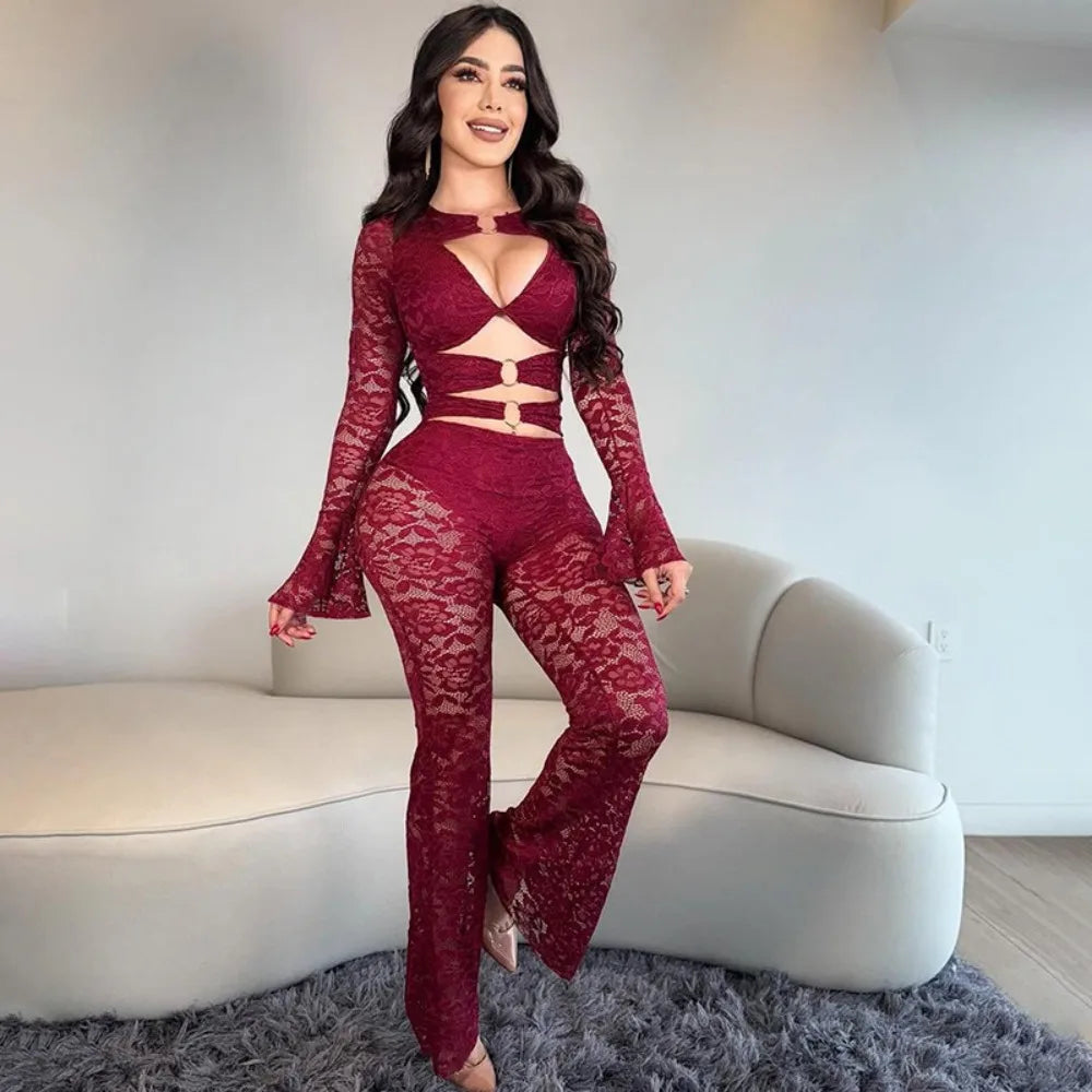 FLARORA Sexy Jacquard Lace Jumpsuits Woman Cutenew Hollow Out Ring Crop Bodycon Jumpsuit Hipster Stretch Midnight Street Overall
