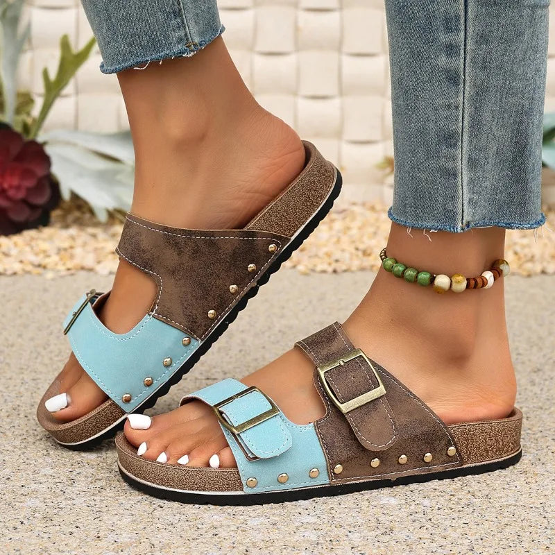 Women's Luxury Metal Buckle Decorated Slippers New Retro Thick-Soled Casual Shoes Summer Outdoor Vacation Beach Slippers Size43