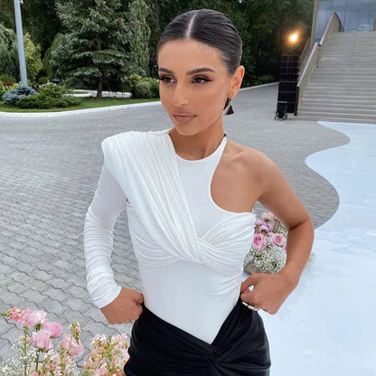 2025 Slim Club Party Bodysuits High Waist Irregular Bodysuit Sexy Backless Twist Streetwear One Shoulder Long Sleeve Tops 19493