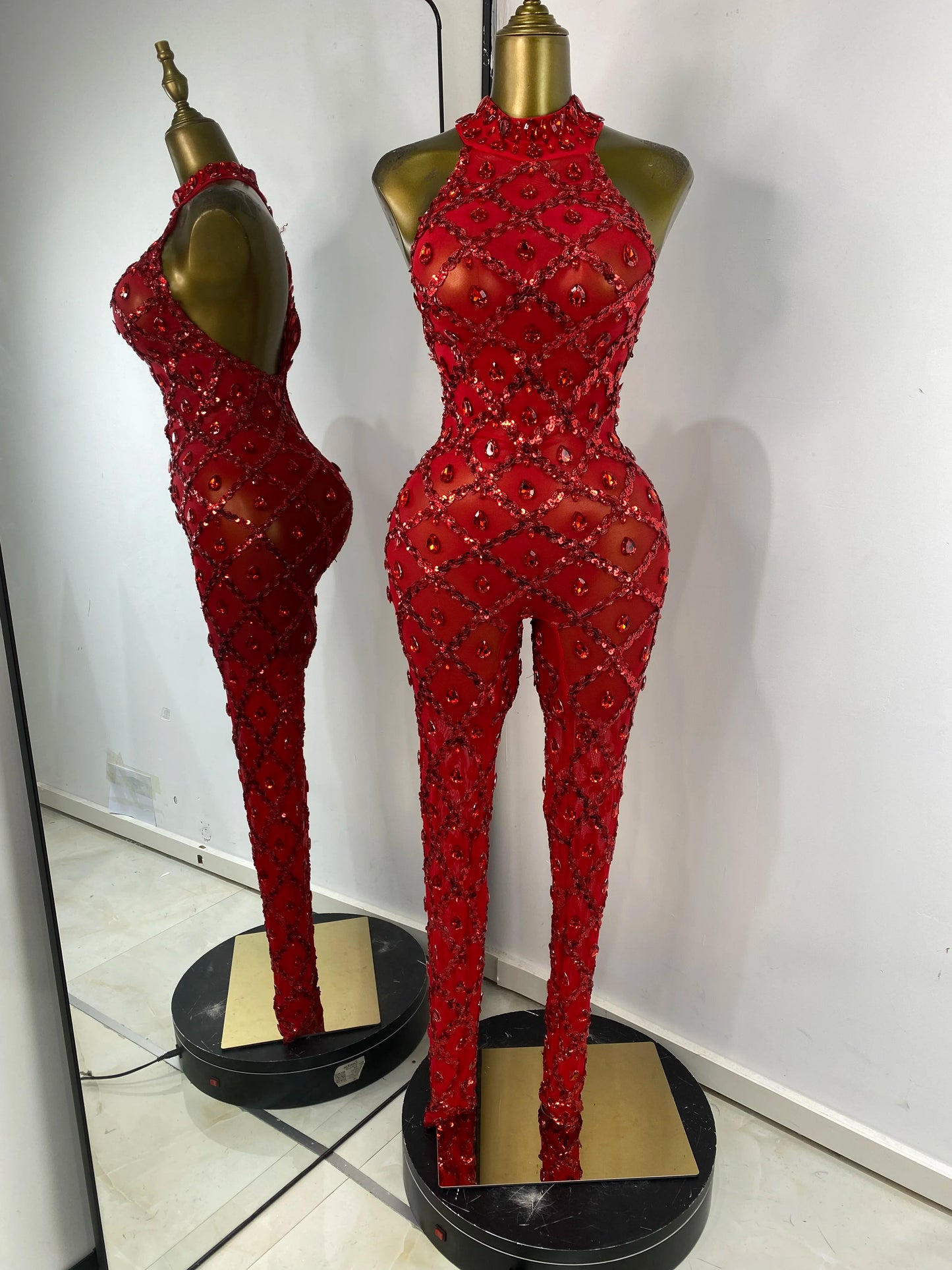 Women Rhinestones Sequines Mesh Bodycon Jumpsuits Sexy Special Occassion Nightclub DJ Dancer Stage Costumes Evening Club Dress