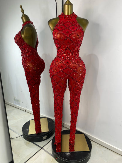 Women Rhinestones Sequines Mesh Bodycon Jumpsuits Sexy Special Occassion Nightclub DJ Dancer Stage Costumes Evening Club Dress